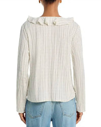 Bella Dahl Tie Ruffle Neck Top in ecru black pinstripe - women's long sleeve top - detail view