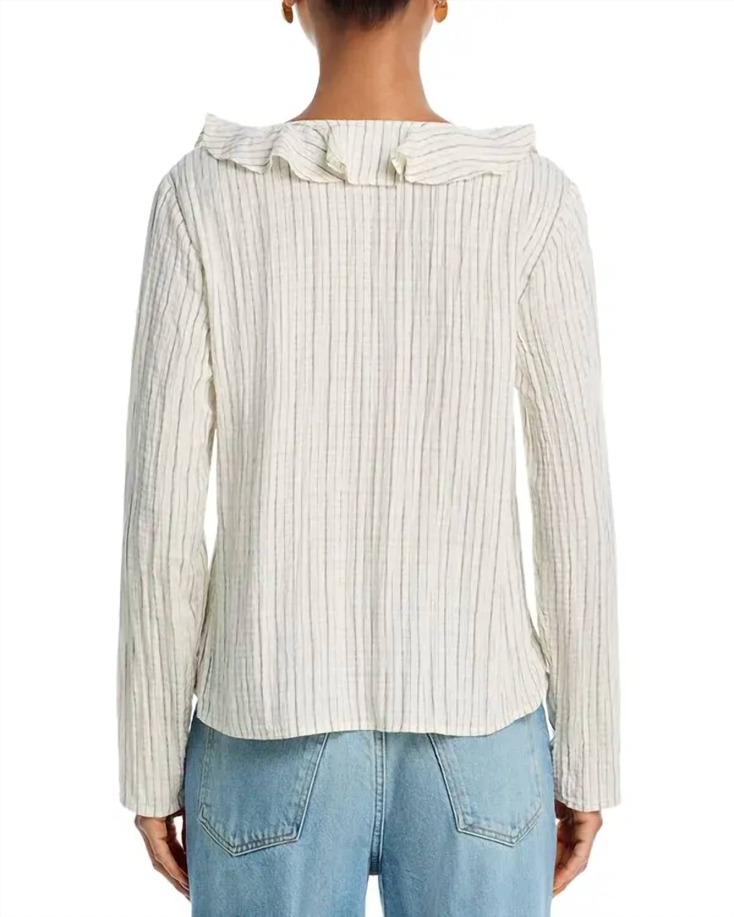 Bella Dahl Tie Ruffle Neck Top in ecru black pinstripe - women's long sleeve top - detail view