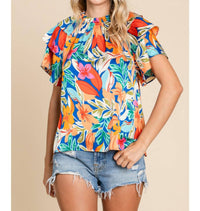 Jodifl - Tropical Floral Print Ruffled Sleeve Top