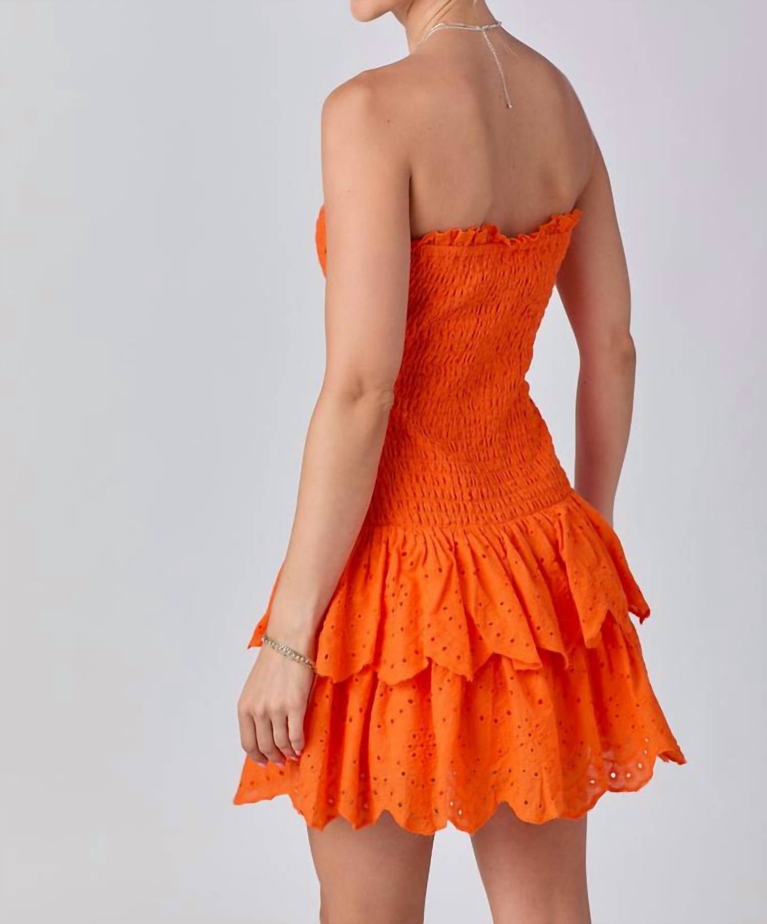 BABY PINK Eyelet Smocked Ruffle Mini Dress in orange - women's dress - detail view