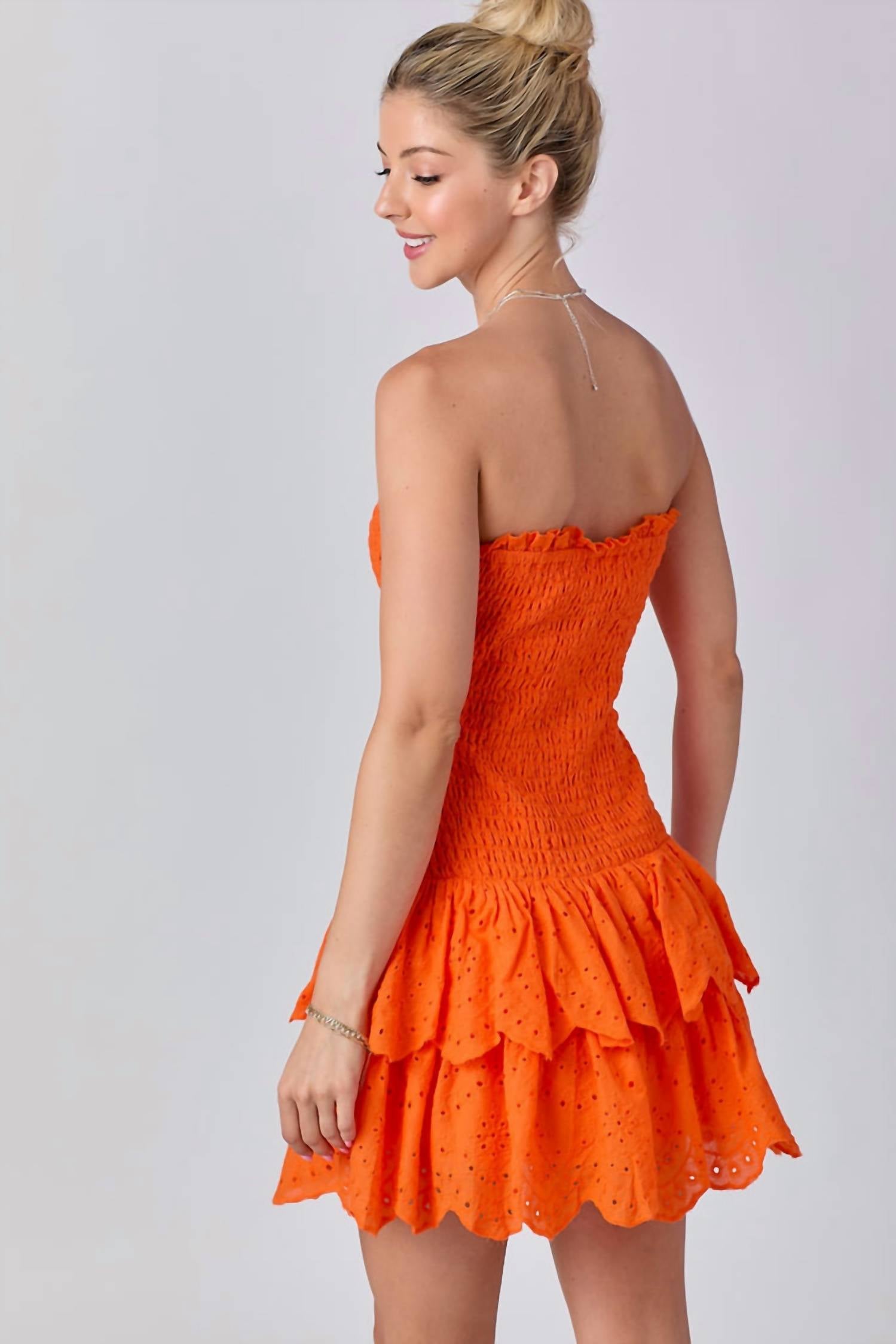 BABY PINK Eyelet Smocked Ruffle Mini Dress in orange - women's dress - alternate view