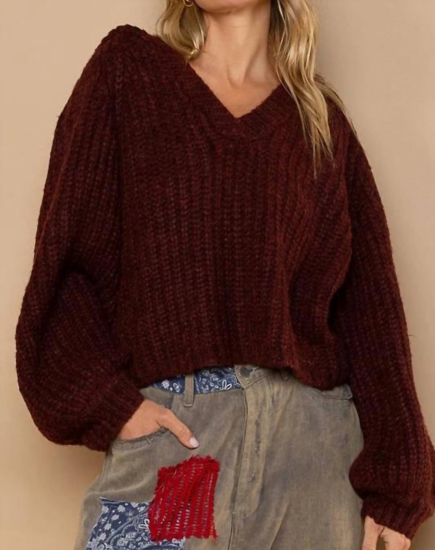 Pol - Hooded V-neck Balloon Sleeve Pullover