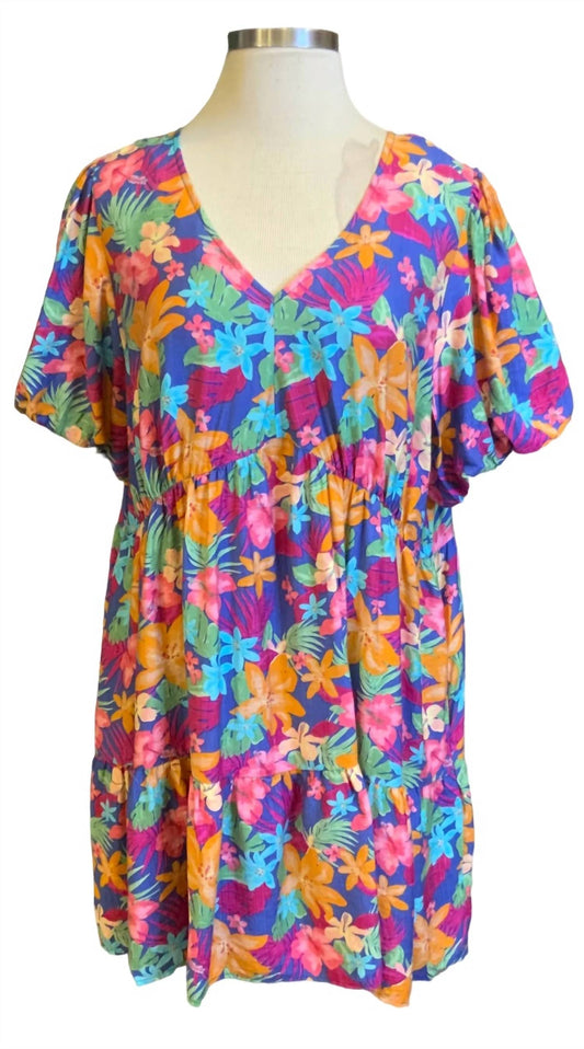 Easel - Women's Paris Bubble Sleeve Tropical Dress - Plus