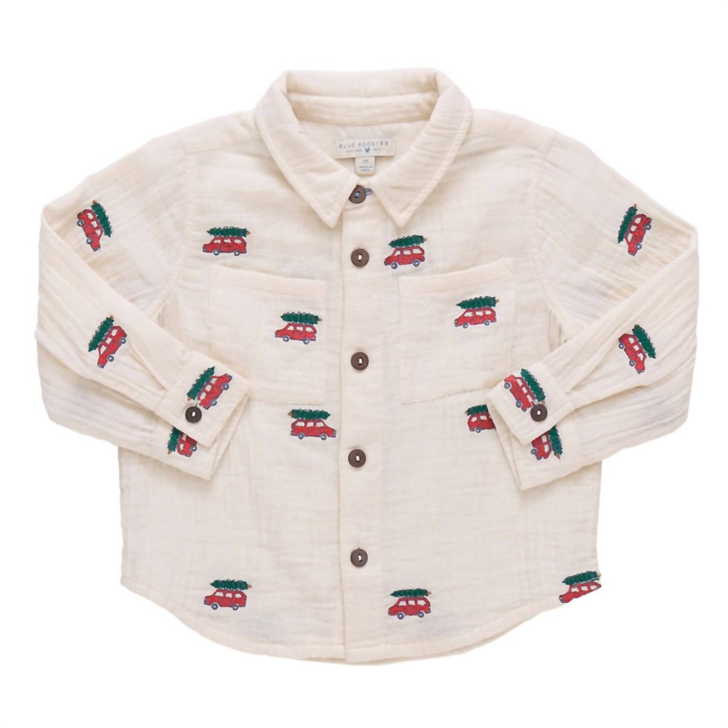 PINK CHICKEN Kid's Embroidered Jack Shirt in tree farm - kids' shirt