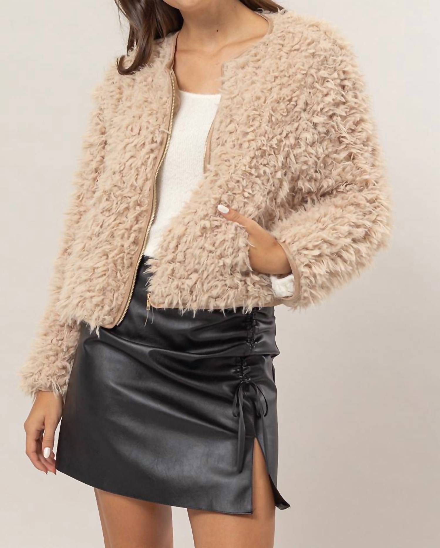 HYFVE Women's Cozy Luxe Fuzzy Zip Jacket in taupe - women's jacket