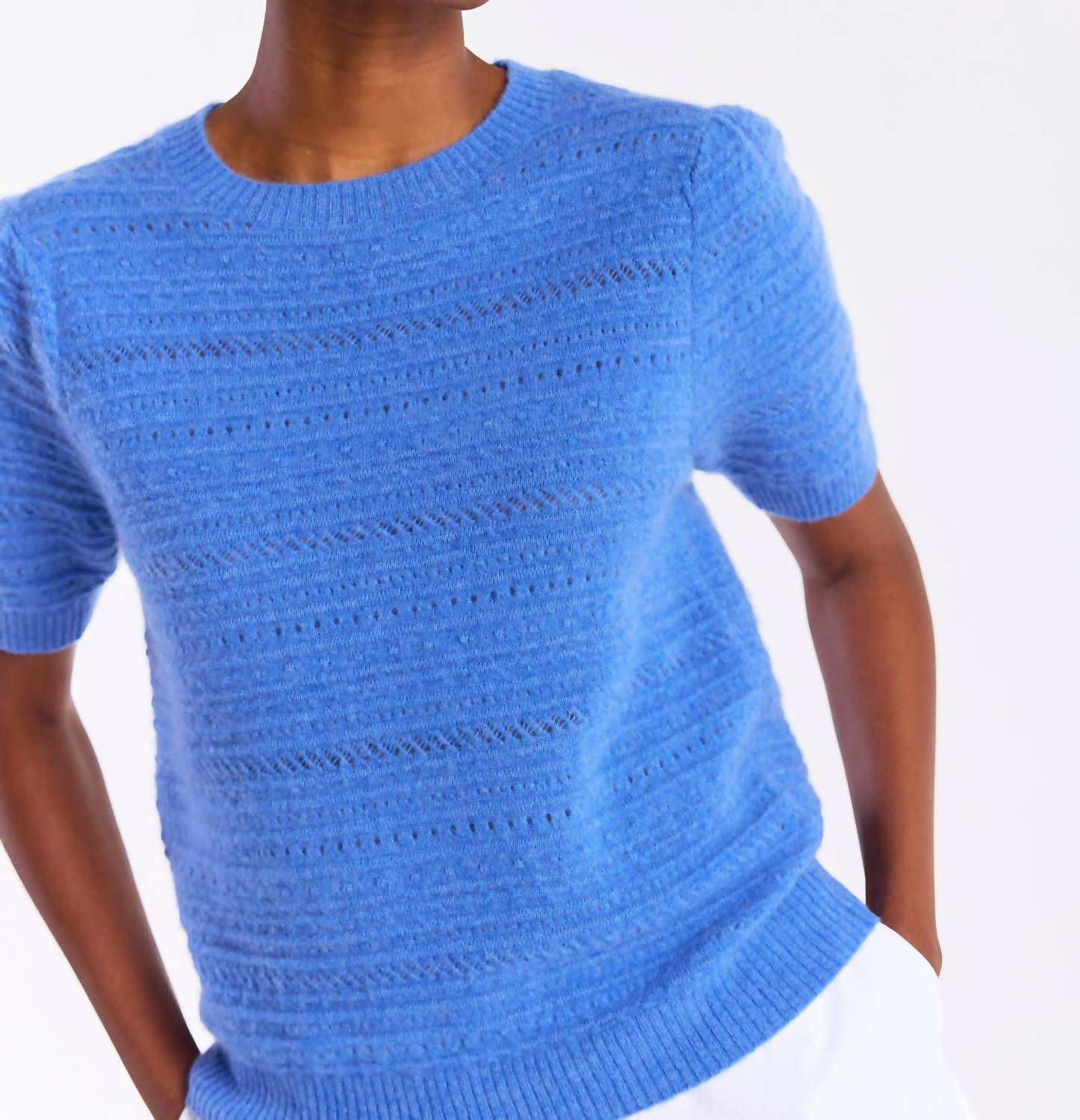 Brodie Cashmere Textured Taylor Cashmere Tee in carolina - women's long sleeve top - detail view