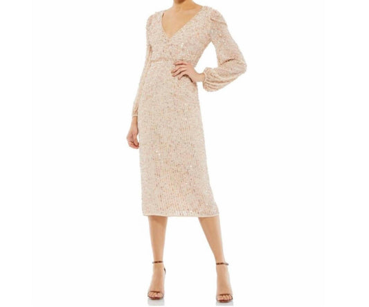 Mac Duggal - Sequin Long Puff Sleeve Cocktail Midi