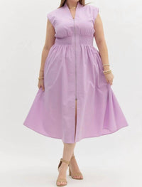 Entro - Solid V-neck Sleeveless Midi Dress