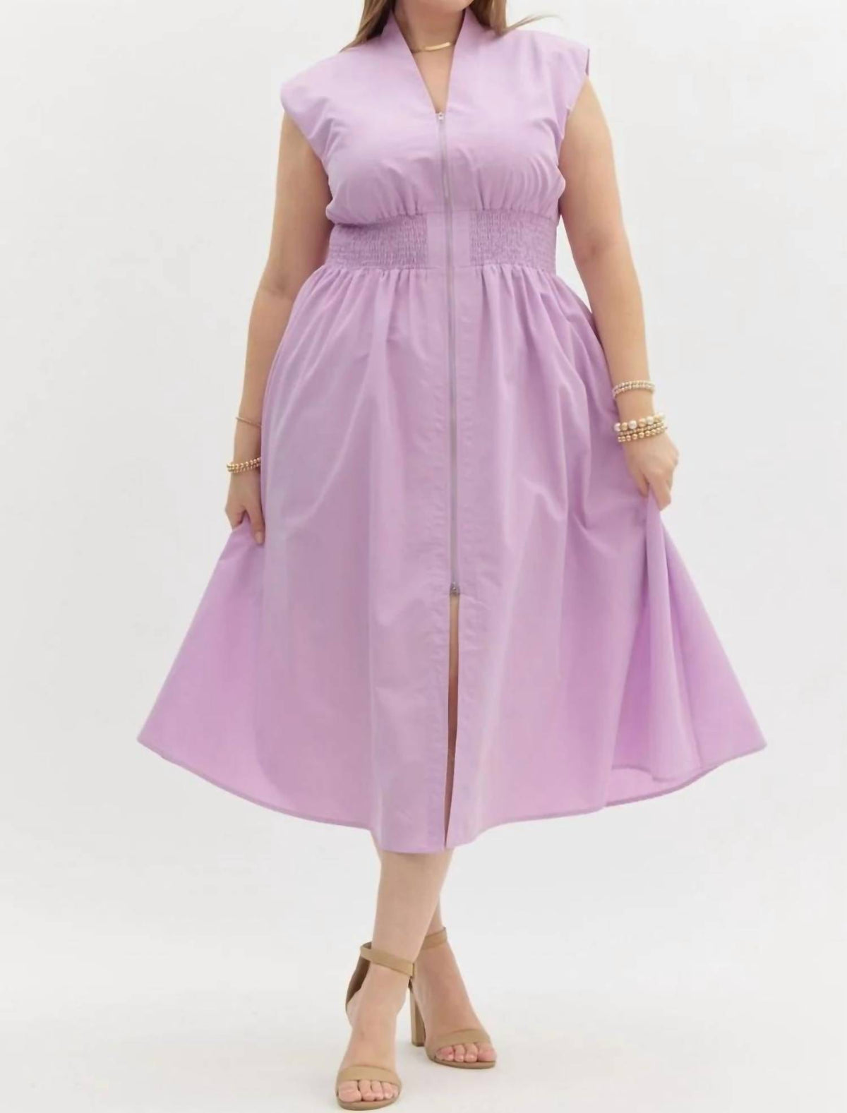 Entro - Solid V-neck Sleeveless Midi Dress