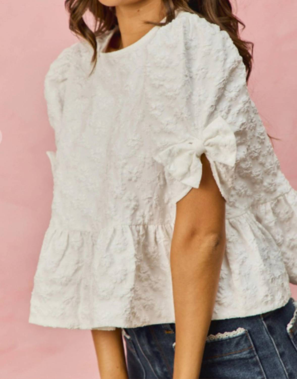 So Me - Floral Jacquard Short Sleeves Peplum Ribbon Top