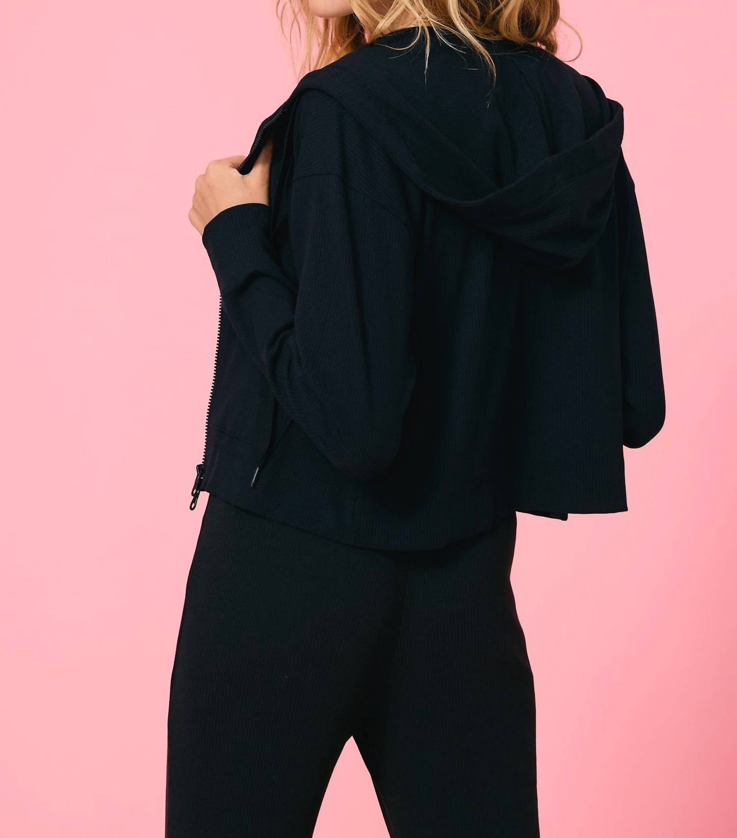 TEREZ Rib Crop Hoodie in black - women's top - alternate view