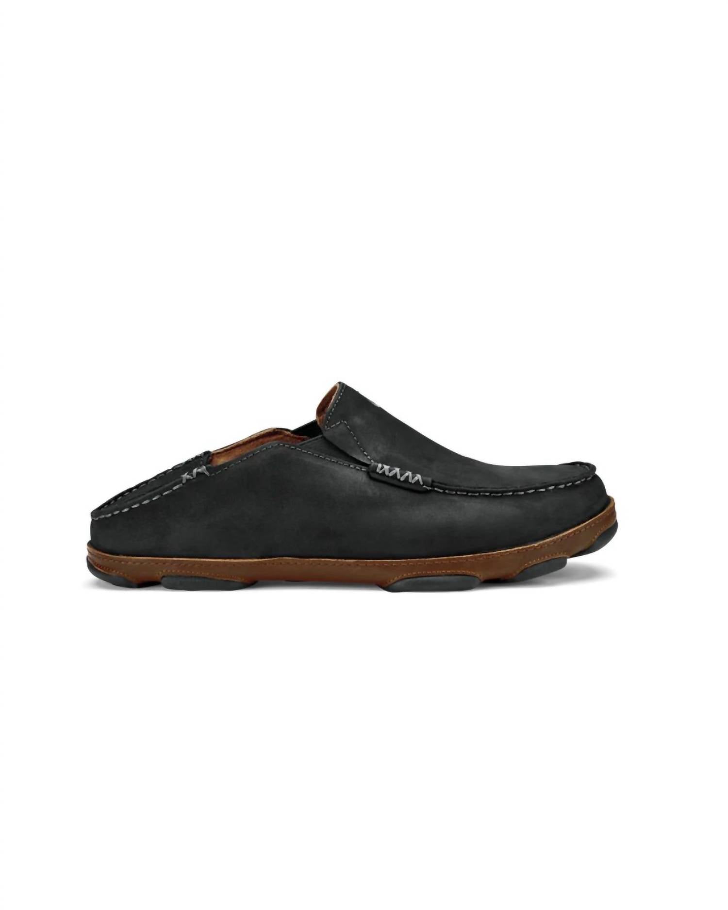 OluKai Men's Moloa Leather Slip-on Shoes in black toffee - men's loafer - detail view