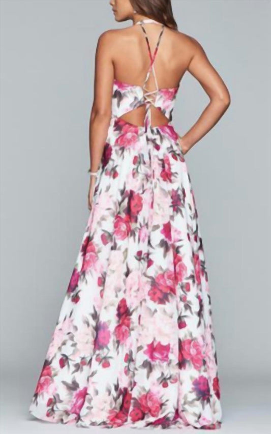 Faviana - Halter V-Neck A-Line Floral Dress