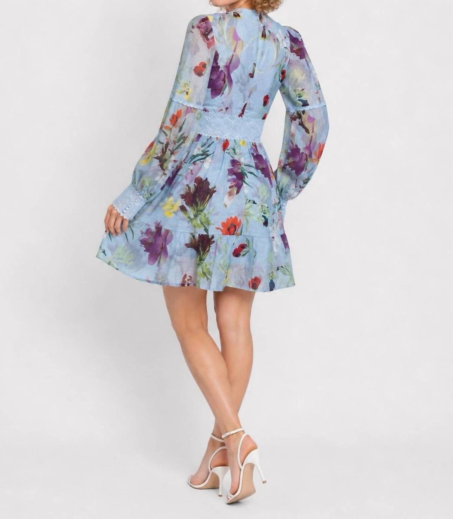 Patbo - Lily Flower Long Sleeve Plunge Mini Dress