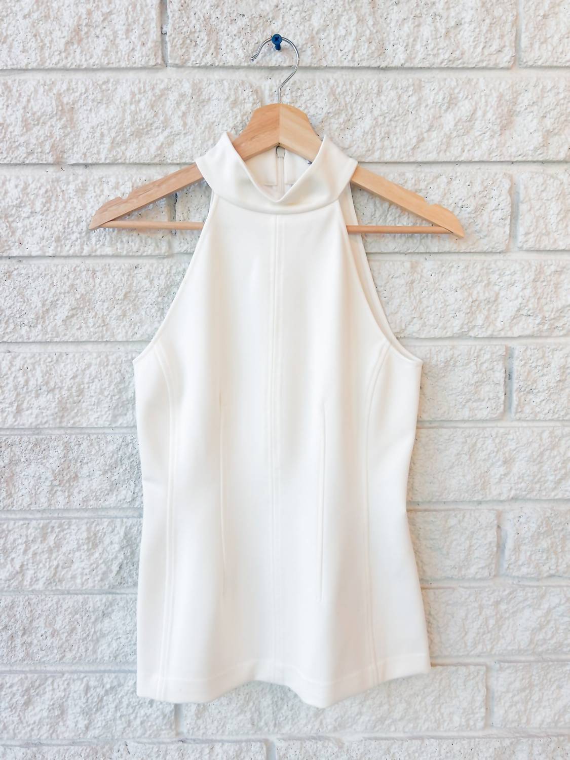 Veronica Beard Johanne Sleeveless Mock Neck Top in dove - women's blouse - detail view