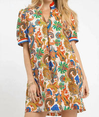 Umgee - Jacquard Abstract Print Ruffled Neck Mini Dress