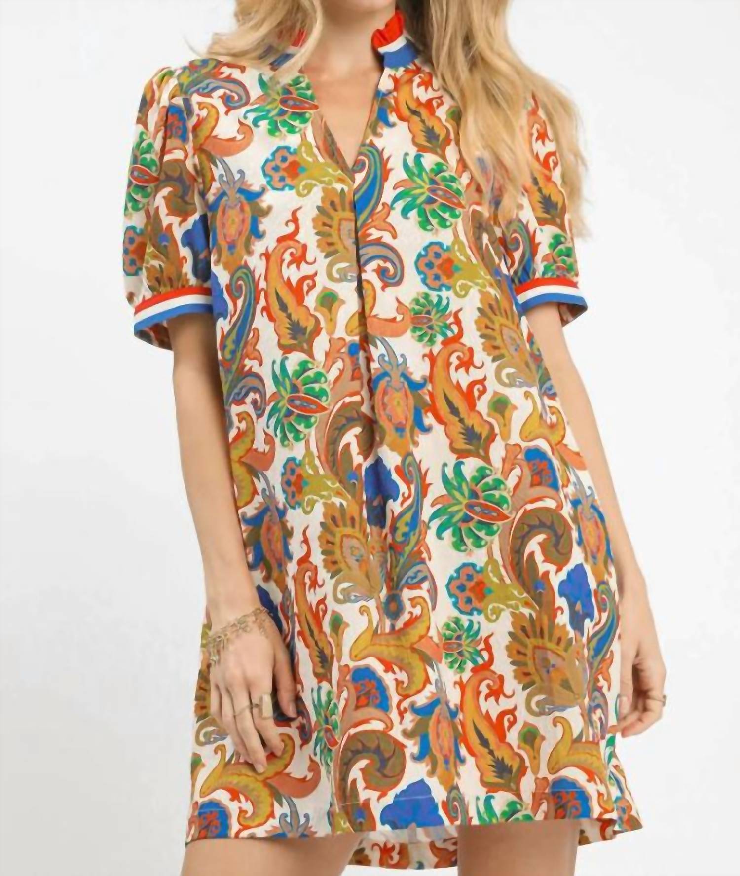Umgee - Jacquard Abstract Print Ruffled Neck Mini Dress