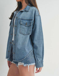 JUST USA Reese Denim Shacket in medium wash - women's jacket - detail view
