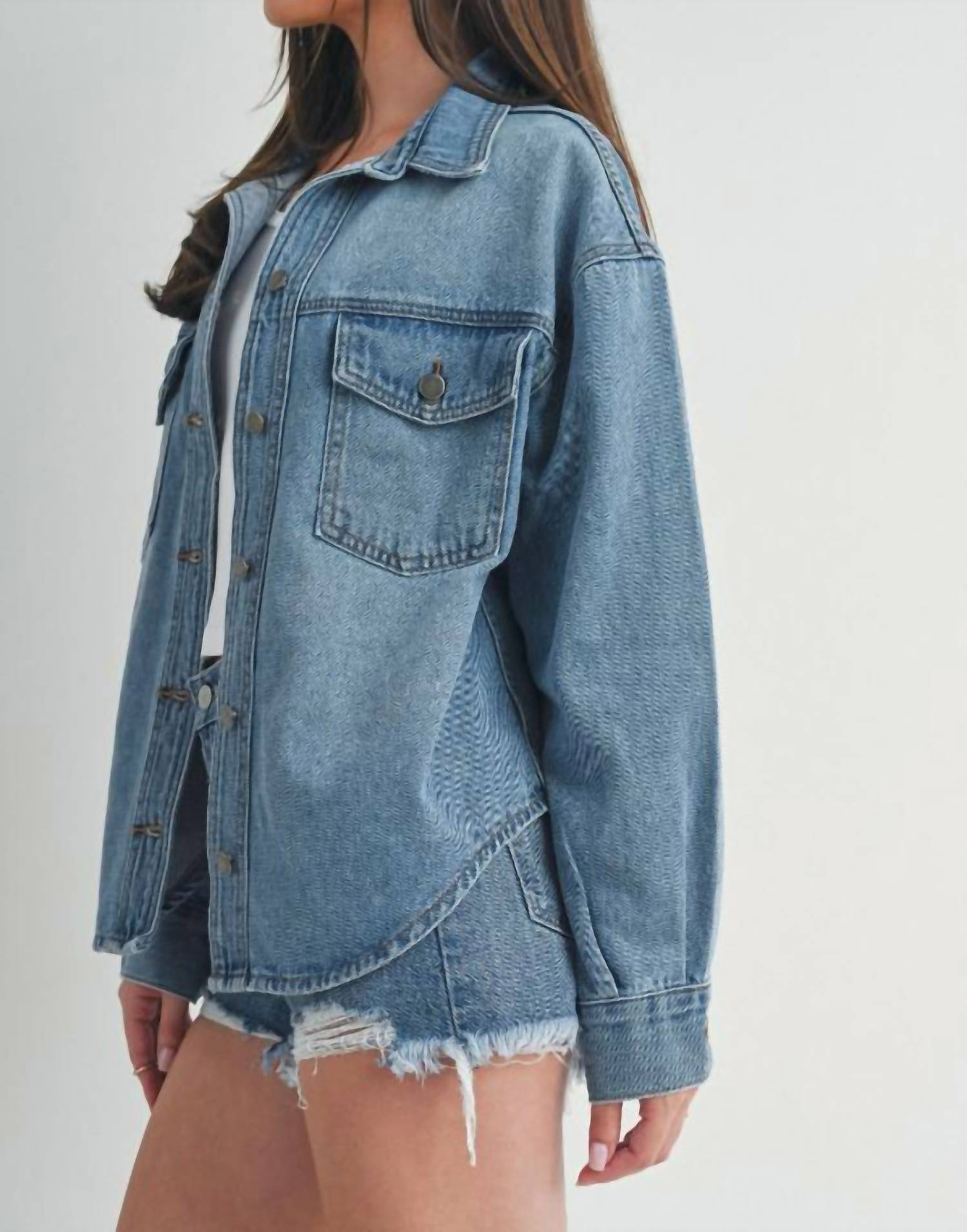 JUST USA Reese Denim Shacket in medium wash - women's jacket - detail view