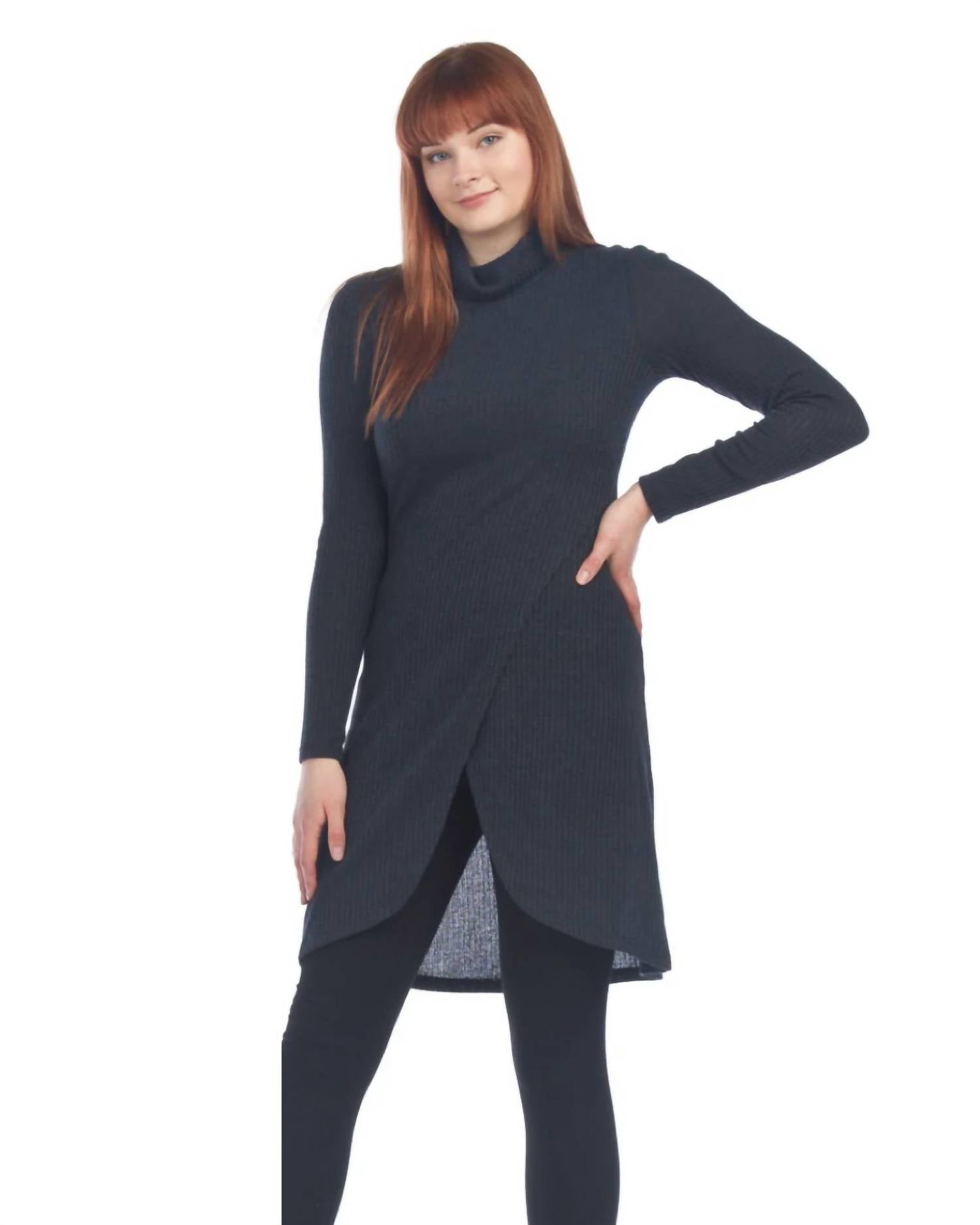 Papillon - Ribbed Turtle Neck Tulip Hem Sweater Dress