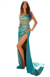 Amelia Couture - Long Fitted Sheer Bodice High Slit Dress