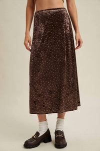 WISHLIST Velvet Floral Midi Skirt in brown - women's skirt - detail view