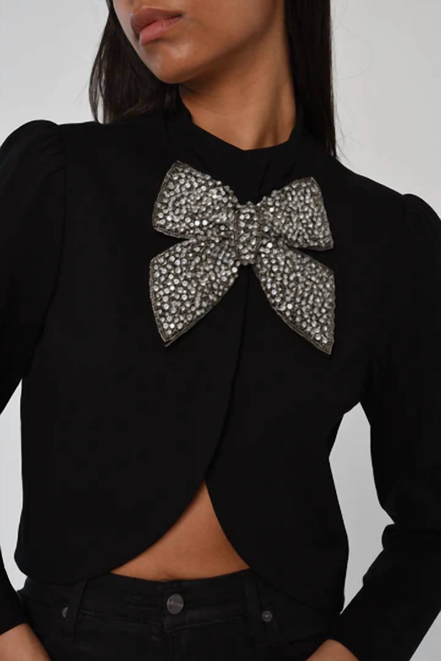 LOVE THE LABEL Regina removeable embellised bow jacket in black - women's jacket - detail view