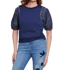 Tru Luxe - Women's Knit Top With Denim Sleeves