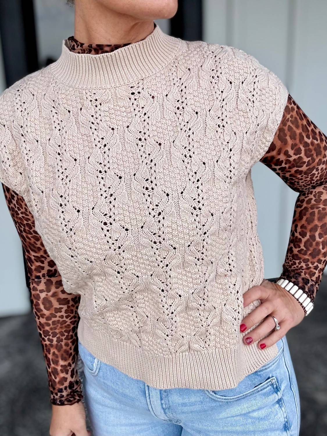 ee:some Cable Knit Mock Neck Sweater in cream - women's sweater - detail view