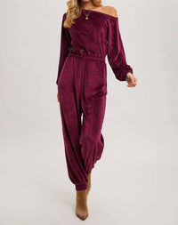 Bluivy - Velvet One Shoulder Boat Neck Jumpsuit