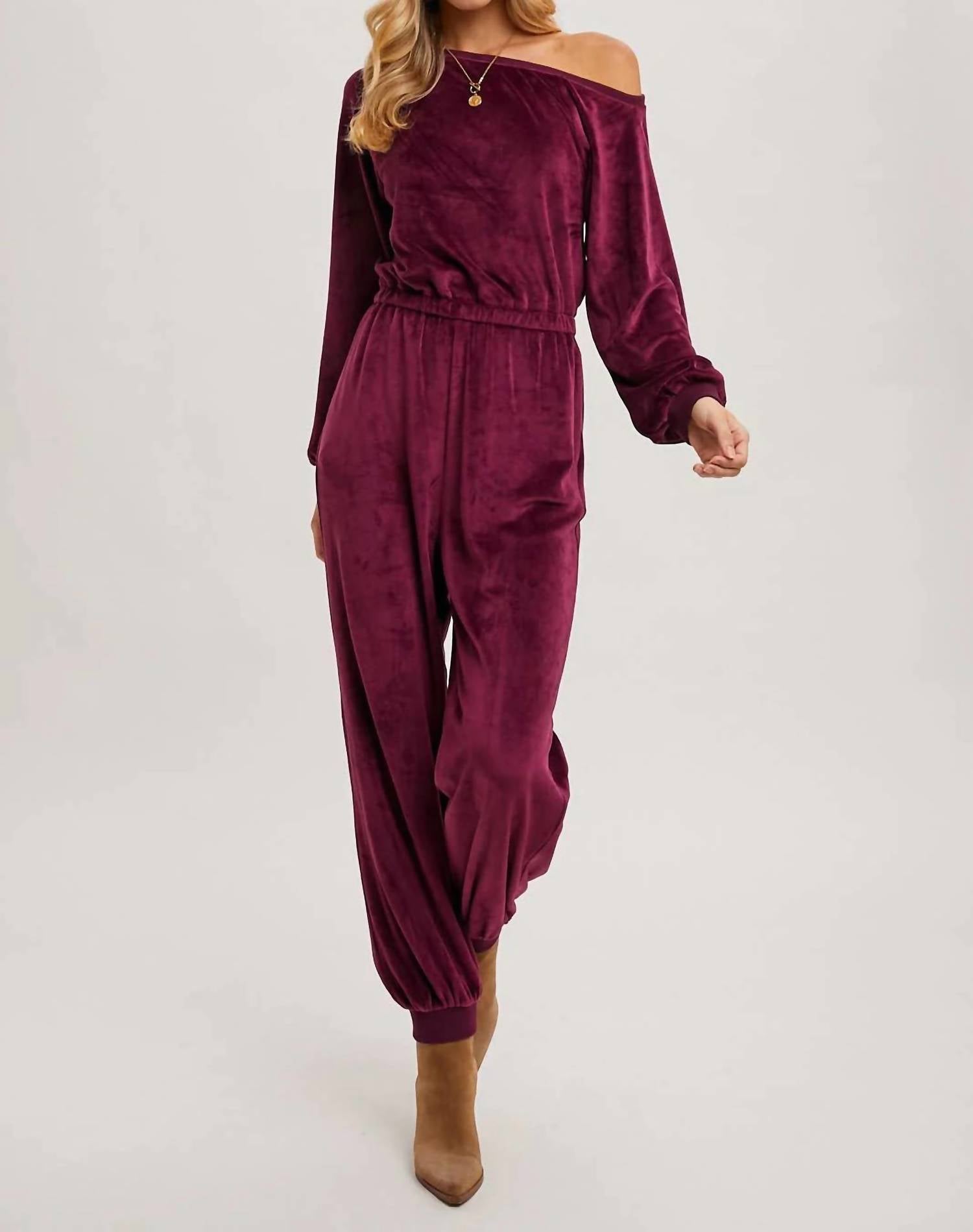 Bluivy - Velvet One Shoulder Boat Neck Jumpsuit