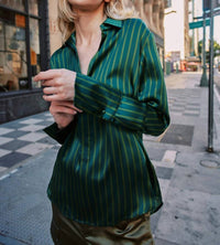 catherine gee Daria French Cuff Silk Blouse in green stripes - women's blouse - alternate view