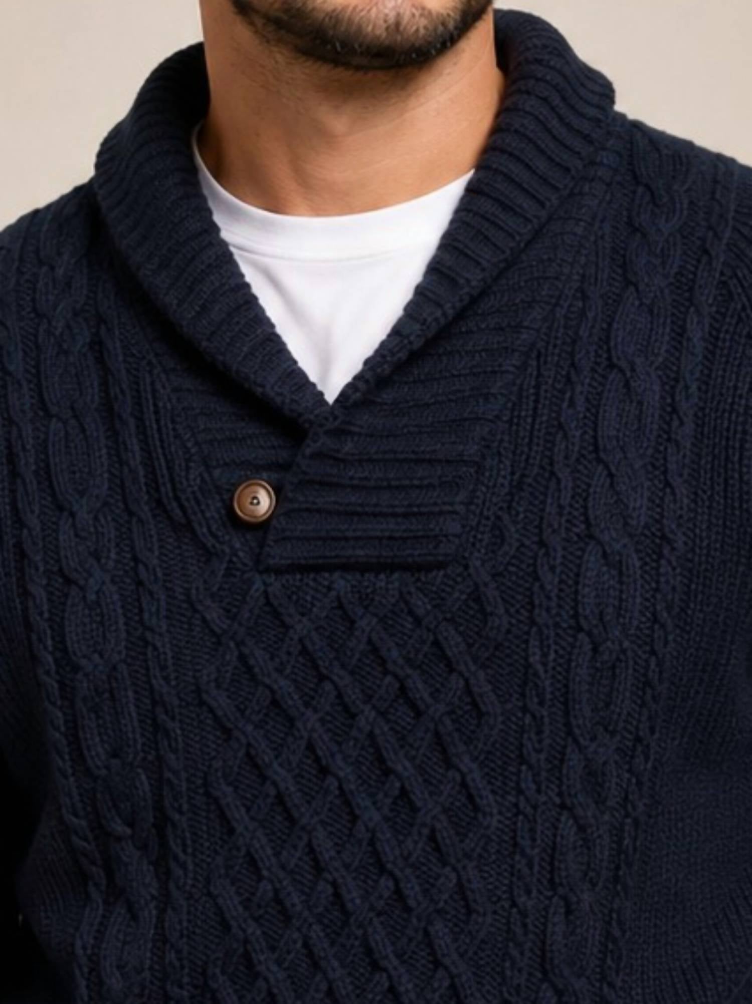 Smf - Shawl Collar Pullover Cable Knit Sweater