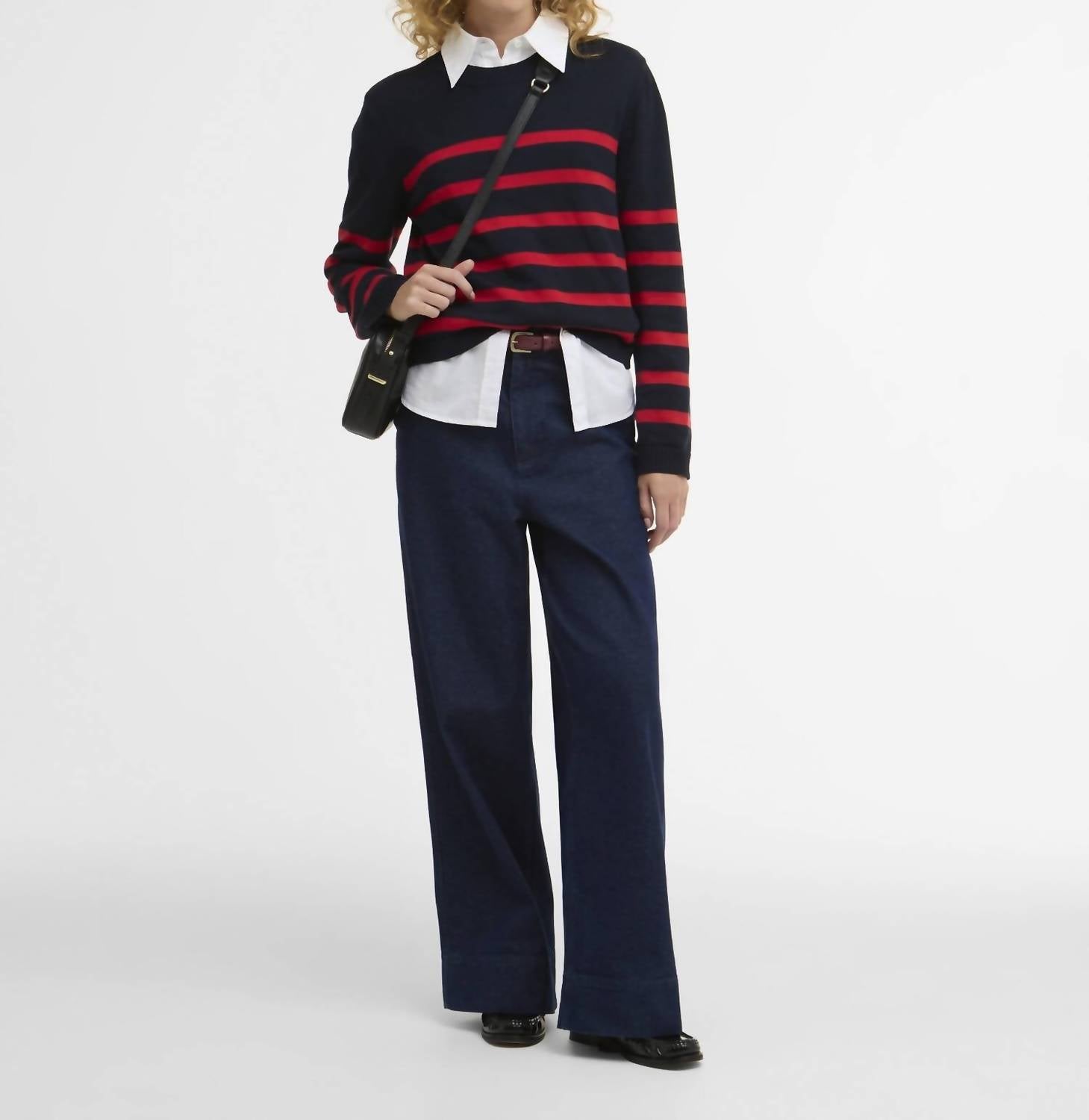 Barbour Fern Striped Crew Neck Jumper in navy poppy red - women's sweater - detail view