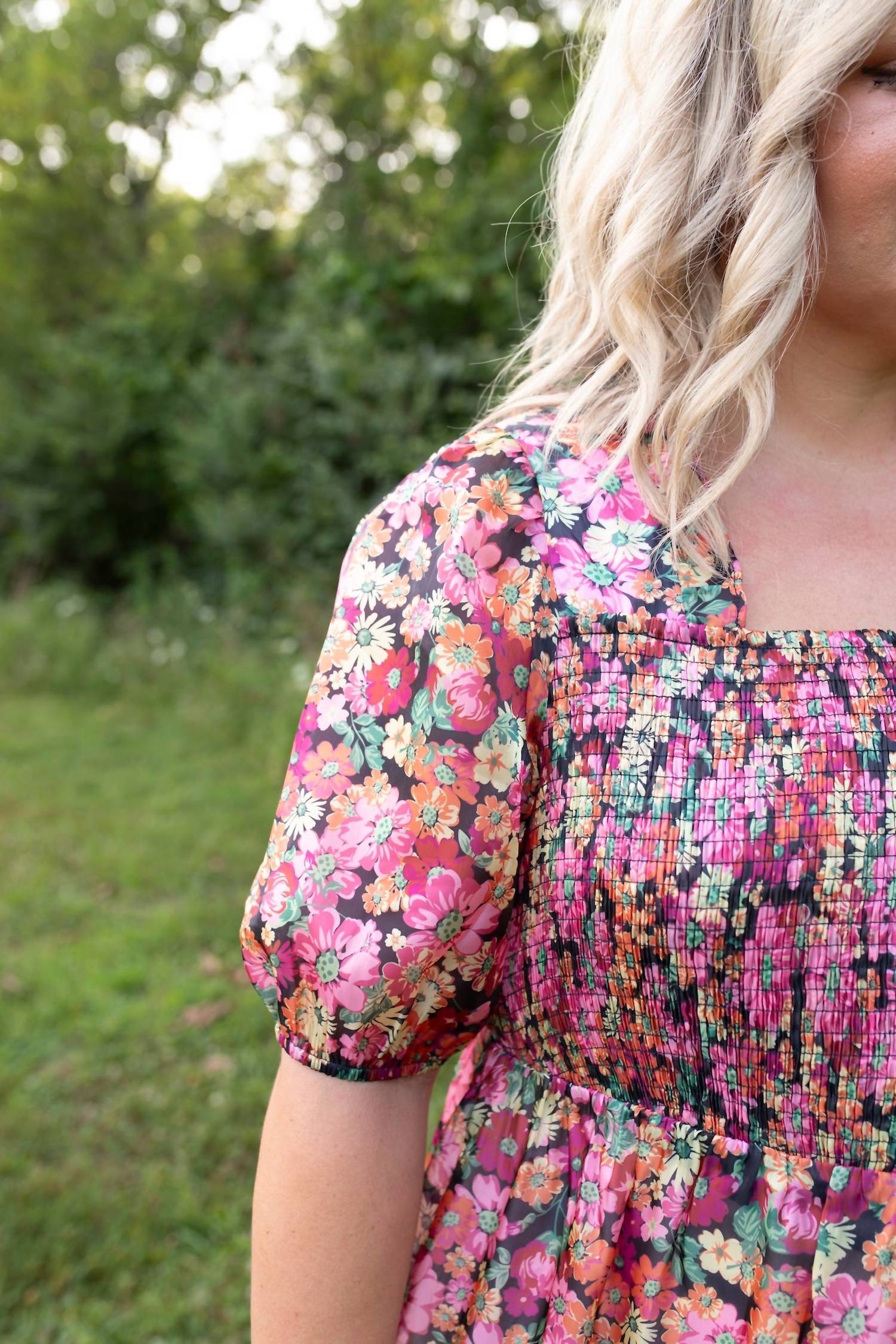 VERY J Midnight Blossoms Shimmer Dress in blue pink floral - women's dress - detail view