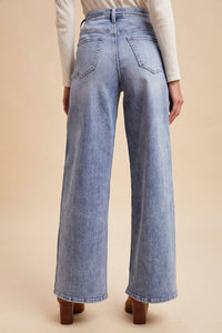 AnnieWear Stretch High Rise Tie Waist Wide Leg Denim Pants in medium blue - women's jeans - detail view