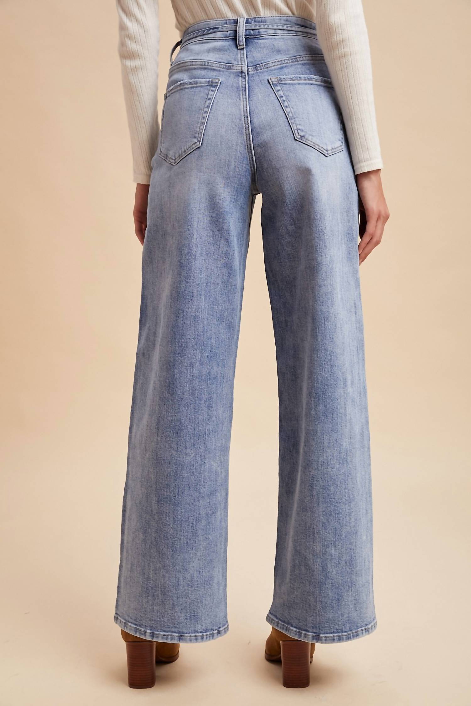 AnnieWear Stretch High Rise Tie Waist Wide Leg Denim Pants in medium blue - women's jeans - detail view