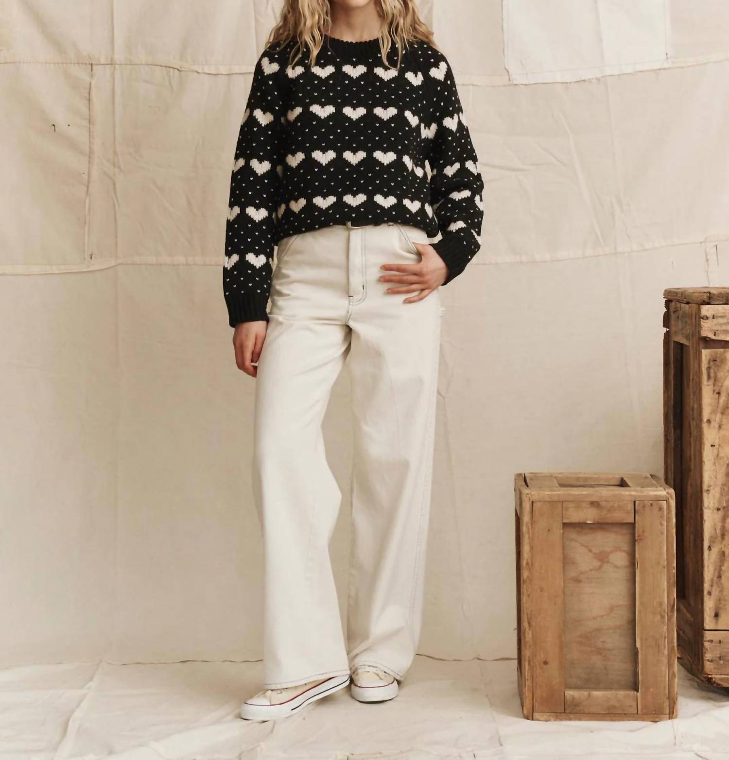THE GREAT. The Heart Crew Sweater in black w pearl - women's sweater