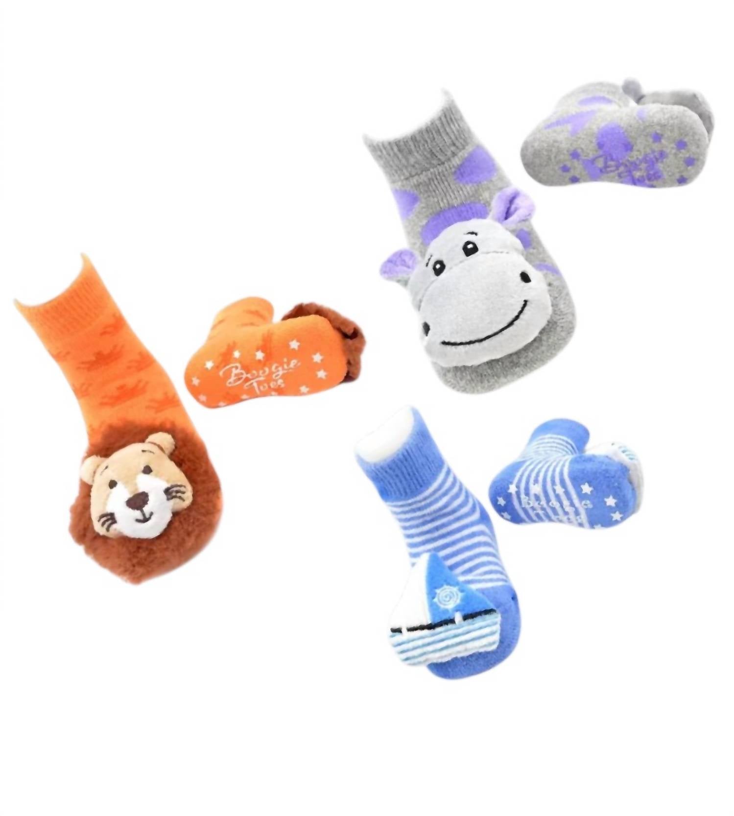 Liventi Inc. Kids Boogie Toe Rattle Socks - Set Of 3 in baby lion sailboat happy hippo - kids' accessory - detail view