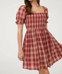 Blu Pepper - Plaid Laid Smocked Puff Sleeve Mini Dress