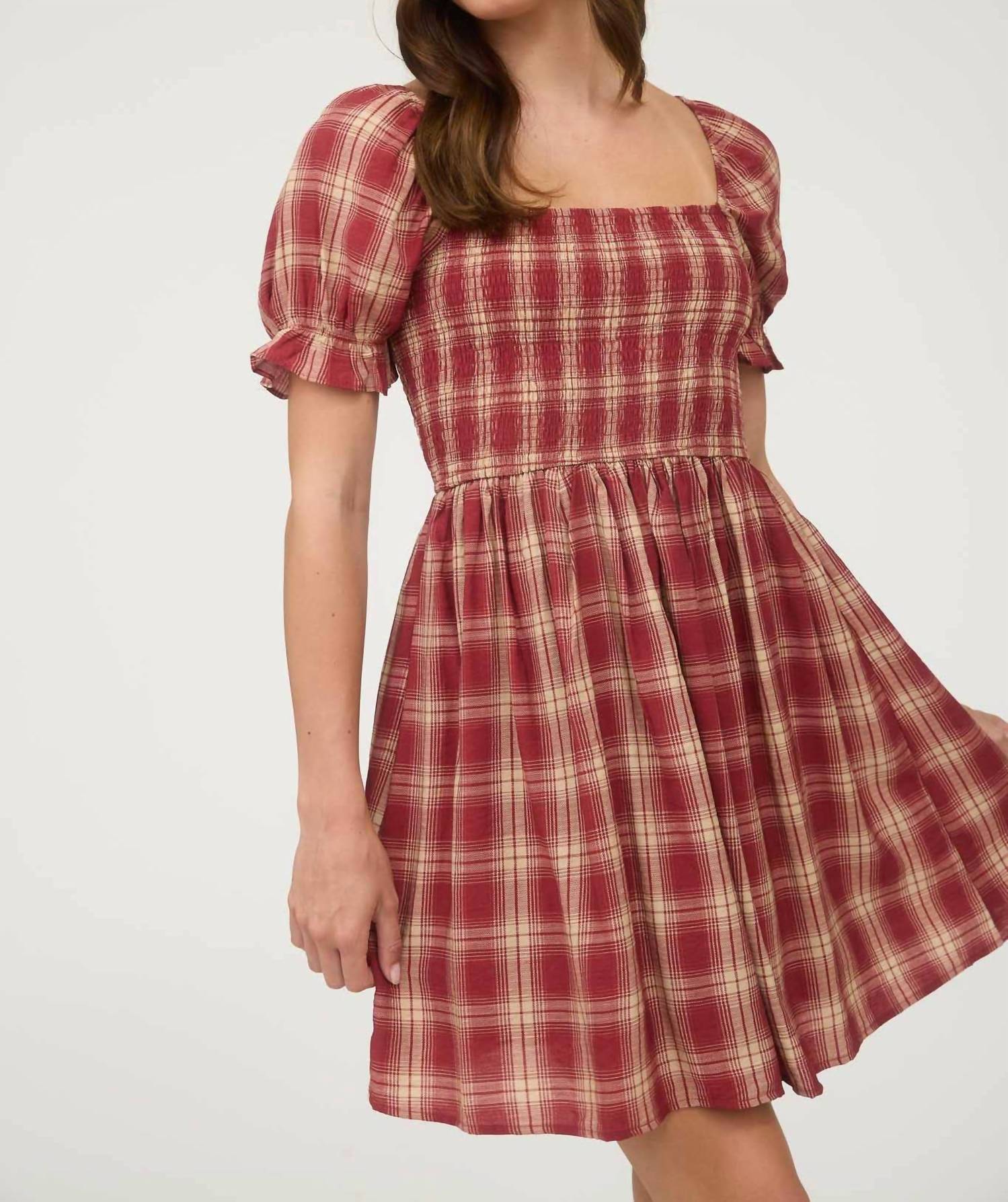 Blu Pepper - Plaid Laid Smocked Puff Sleeve Mini Dress