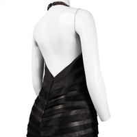 Theia - Halter Strap V-cut Back Shutter Pleat Detail Silk Chiffon Ball Dress