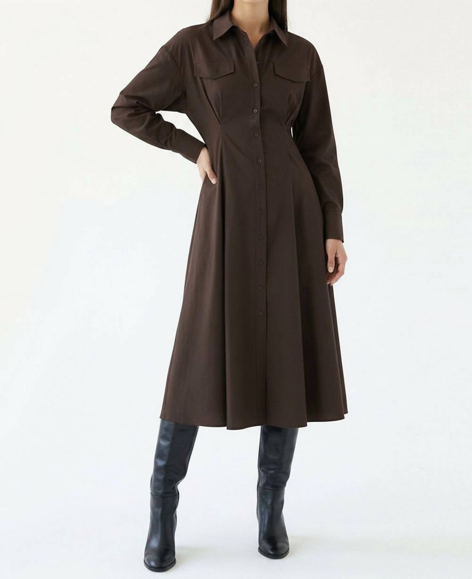 Exquise - Long Sleeves Slim Fit Midi Dress With Shirt Collar