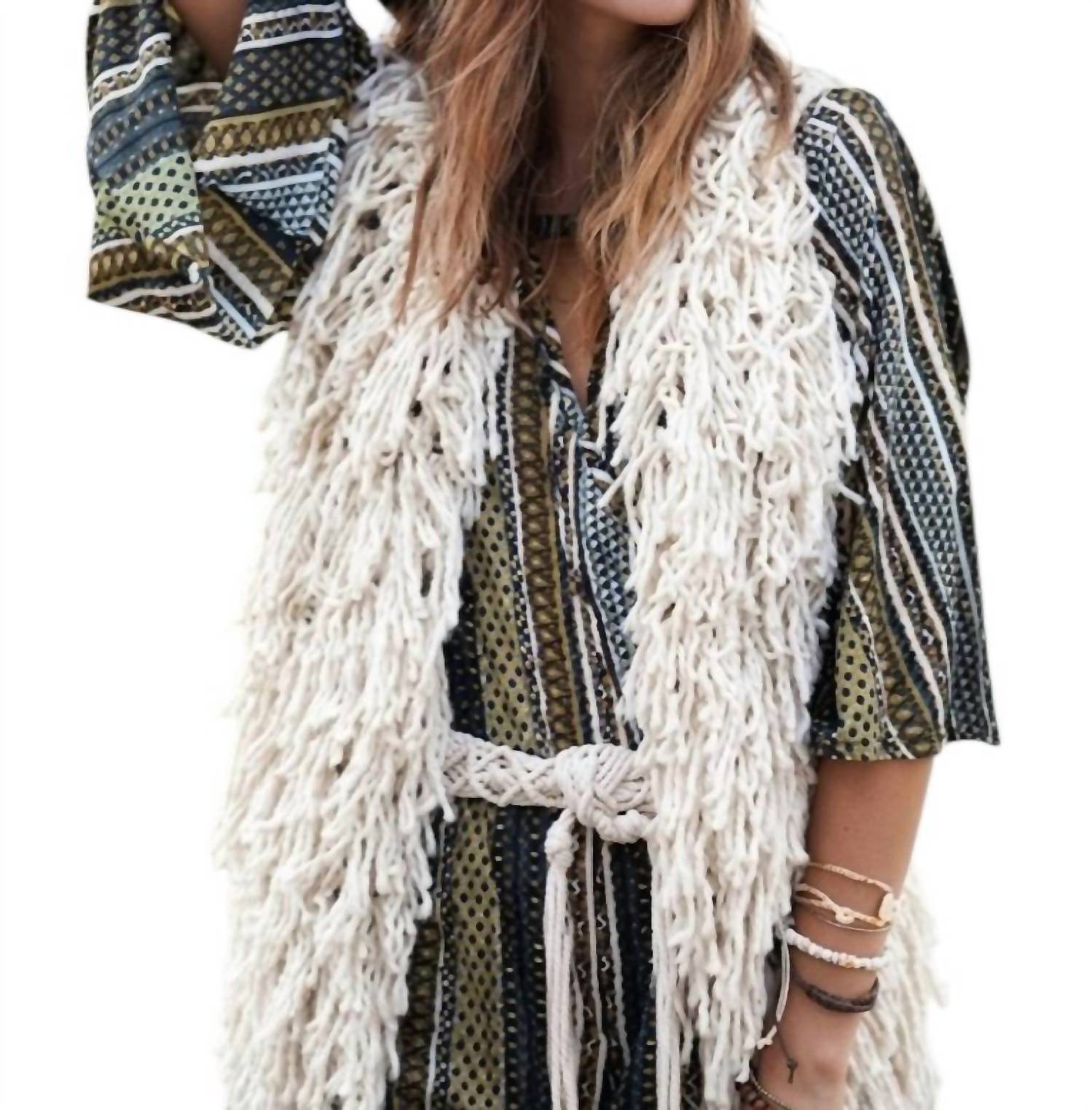 ELAN Women's Shaggy Vest in beige - women's jacket - detail view