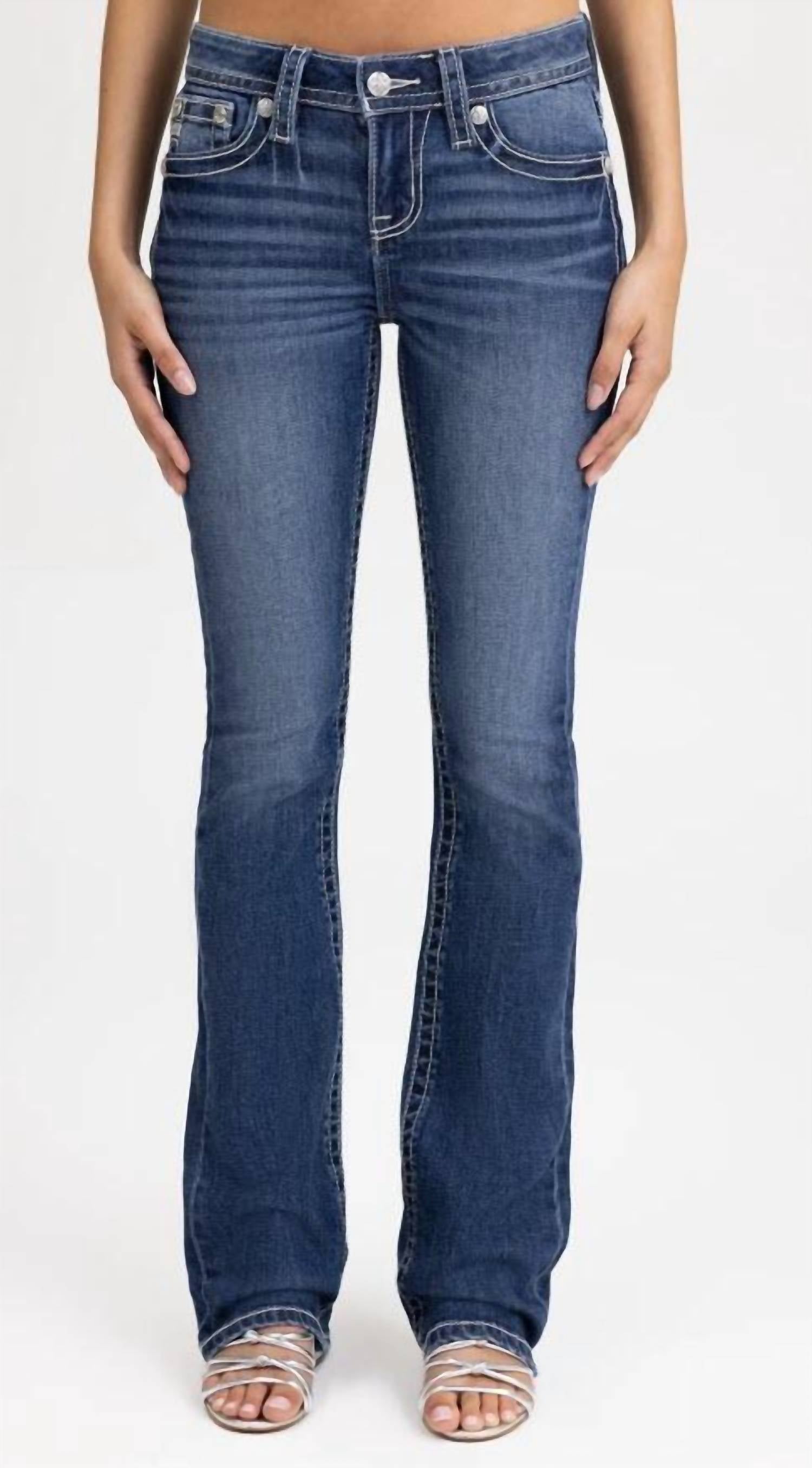 Miss Me - Women's Mid-rise Fleur De Lis Boot Cut Jeans