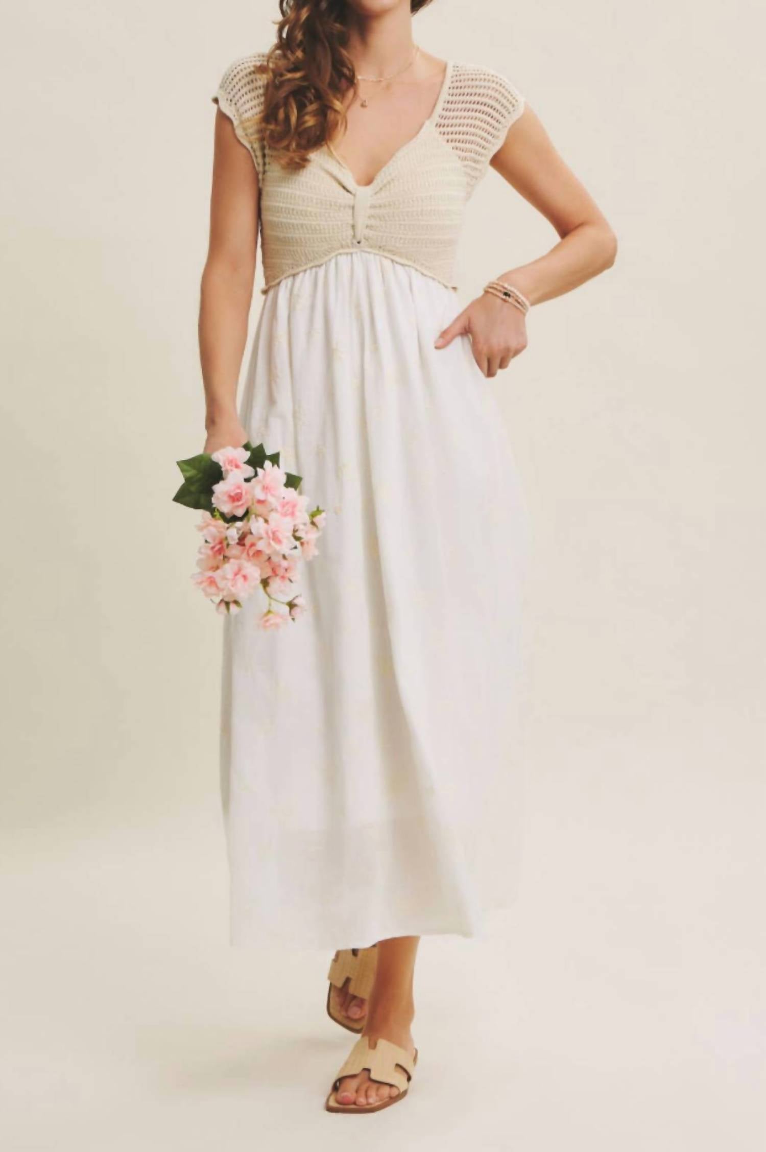 In February Crochet Embroider Flowers Midi Dress in cream - women's dress - alternate view