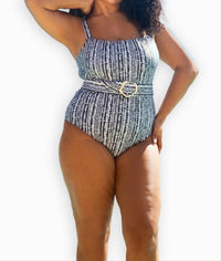 Fashion Szn Curve - Square Neck Sculpting Belted Swimsuit