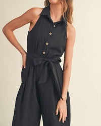 MIOU MUSE Blaine Linen Button Front Jumpsuit in black - women's pants - view 5