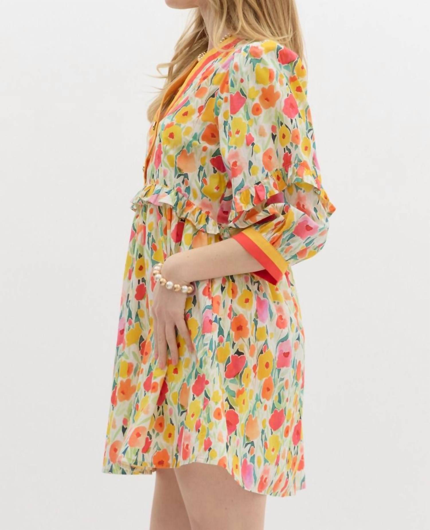 Entro - Floral Breeze Mini Dress with Ruffle Accents & Banded V-Neck Detail