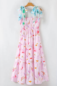 1 The Woman - Floral Print Knotted Shoulder Smocked Maxi Dress